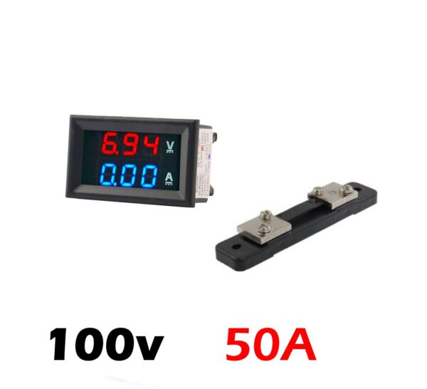 Voltimetro Amperimetro y shunt 100V 50A Digital DC Rojo Azul