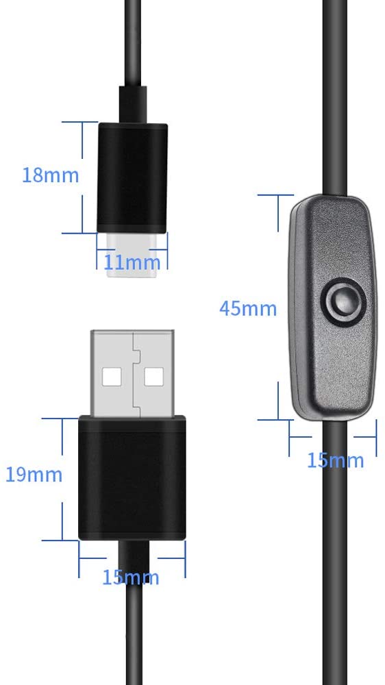 Cable de carga USB tipo C  1 m con interruptor de encendido / apagado para teléfono móvil Raspberry Pi 4 5V 3A