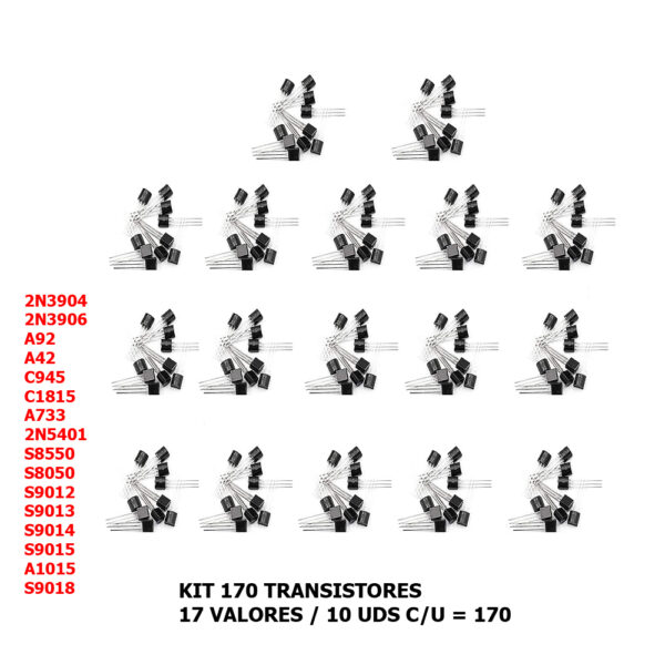 Kit 170 transitores NPN PNP TO-92 Bipolar Surtido 17 valores