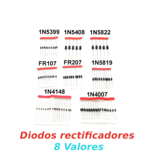 100x Diodo rectificador 1N4007,1N4148,1N5399,1N5408,1N5819,1N5822,FR107,FR207