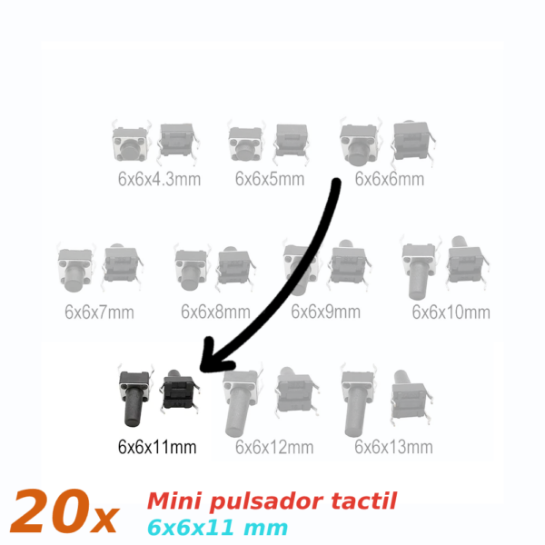 20x Mini pulsador para PCB 6x6x11 mm 4 pines SPST NO