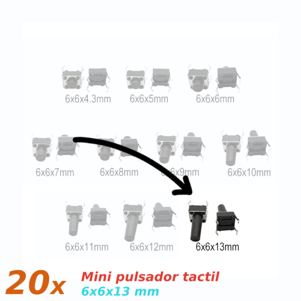 20x Mini pulsador para PCB 6x6x13 mm 4 pines SPST NO