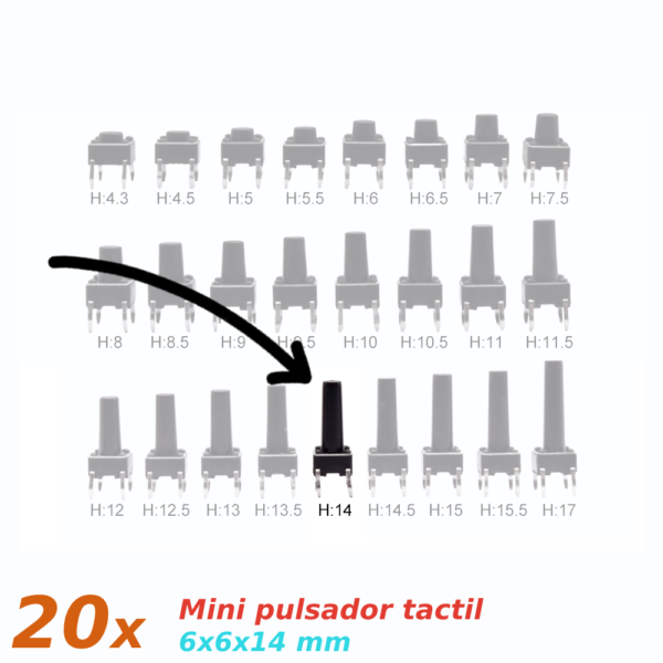 20x Mini pulsador para PCB 6x6x14 mm 4 pines SPST NO