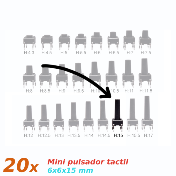 20x Mini pulsador para PCB 6x6x15 mm 4 pines SPST NO