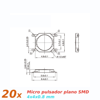 20x Micro pulsador plano SMD 4x4x0,8mm SPST NO