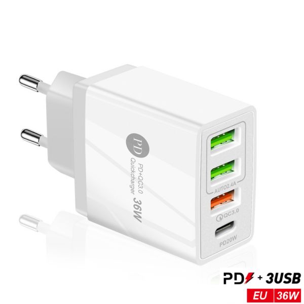 Cargador Rápido 36W con 4 Puertos USB (PD 20W y QC 3.0)