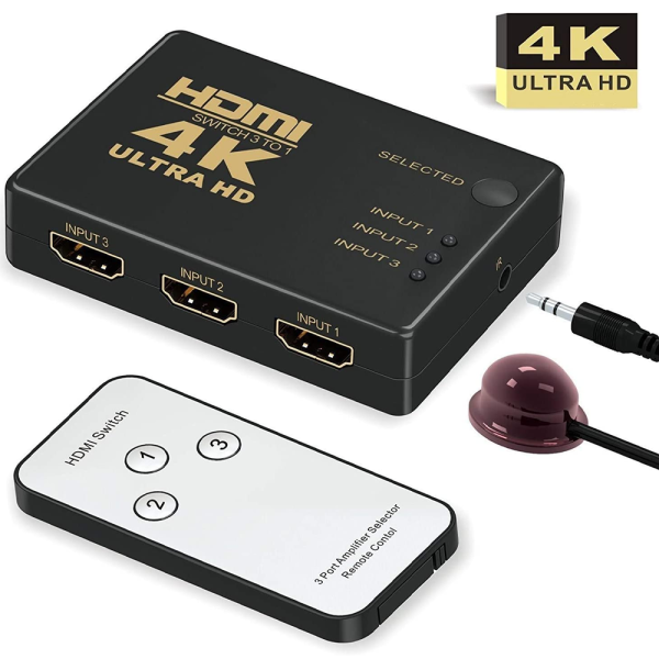 Conmutador HDMI 4K Switch 3 Puertos Selector de Splitter Hub IR Remoto Negro - Imagen 2