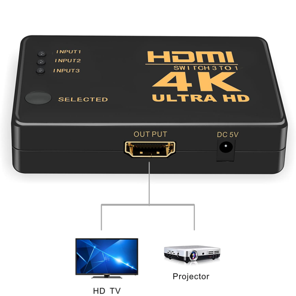 Conmutador HDMI 4K Switch 3 Puertos Selector de Splitter Hub IR Remoto Negro - Imagen 3