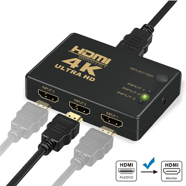 Conmutador HDMI 4K Switch 3 Puertos Selector de Splitter Hub IR Remoto Negro - Imagen 4