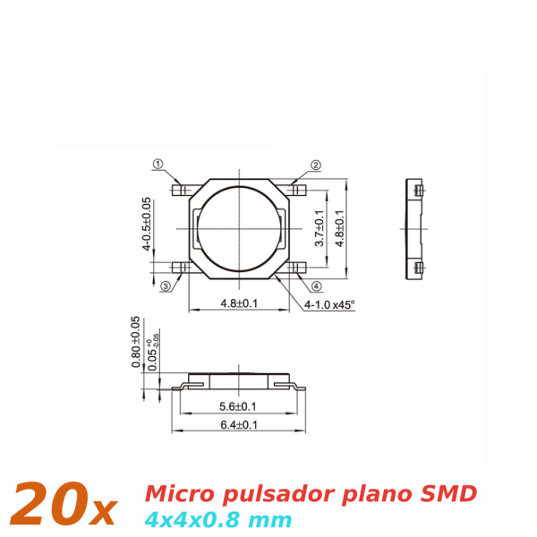 20x Micro pulsador plano SMD 4x4x0,8mm SPST NO