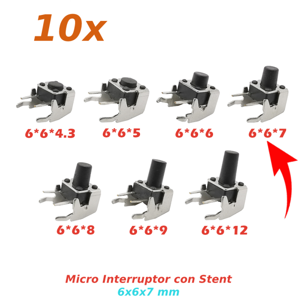 10X PULSADOR TACTIL MICRO INTERRUPTOR ANGULO RECTO CON STENT SOPORTE 6X6X7MM