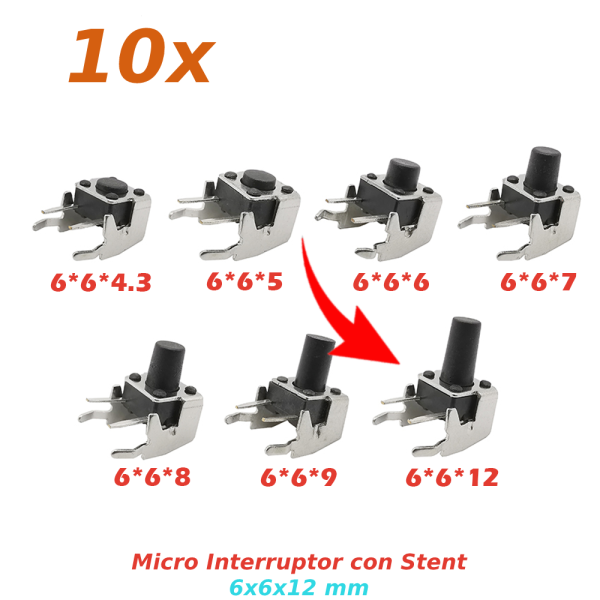 10X PULSADOR TACTIL MICRO INTERRUPTOR ANGULO RECTO CON STENT SOPORTE 6X6X12MM