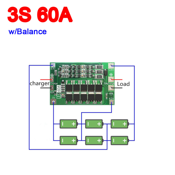BMS 3s 60A (Balance edition) Modulo proteccion bateria litio 18650 12.6V - Imagen 2