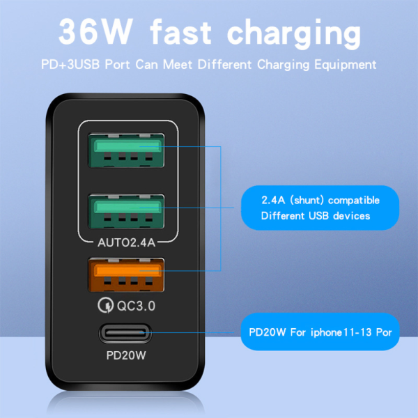 Cargador de telefono movil carga rapida QC3.0, 3.1A, USB C 36 W 5V4A PD + 3USB