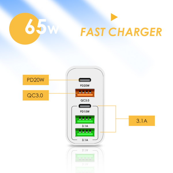 Cargador de telefono movil carga rapida QC3.0, 3.1A, USB C 65 W 5V4A 2PD + 3USB