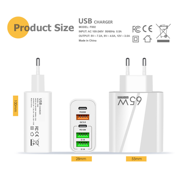 Cargador de telefono movil carga rapida QC3.0, 3.1A, USB C 65 W 5V4A 2PD + 3USB - Imagen 4