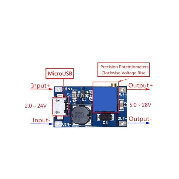Módulo MT3608 Micro USB 2A Booster DC-DC 2/24V to 5/9/12/28V tensión ajustable Arduino