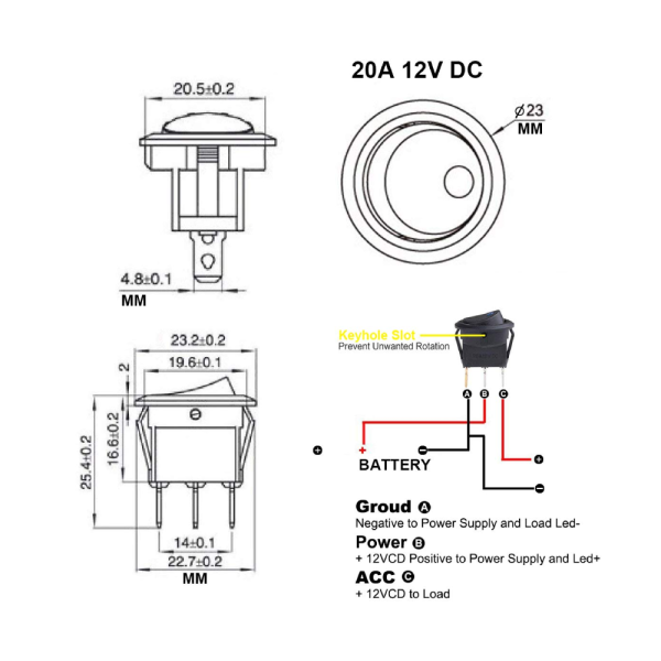 IInterruptor ON OFF con luz LED Redondo rectangular 20mm SPST 12V 20A AMARILLO - Imagen 2