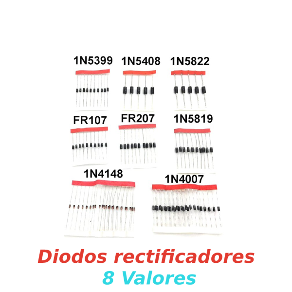 100x Diodo rectificador 1N4007,1N4148,1N5399,1N5408,1N5819,1N5822,FR107,FR207