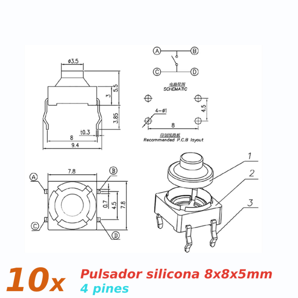 10x Pulsador silicona 8x8x5mm silencioso 4 pines SPST NO - Imagen 3