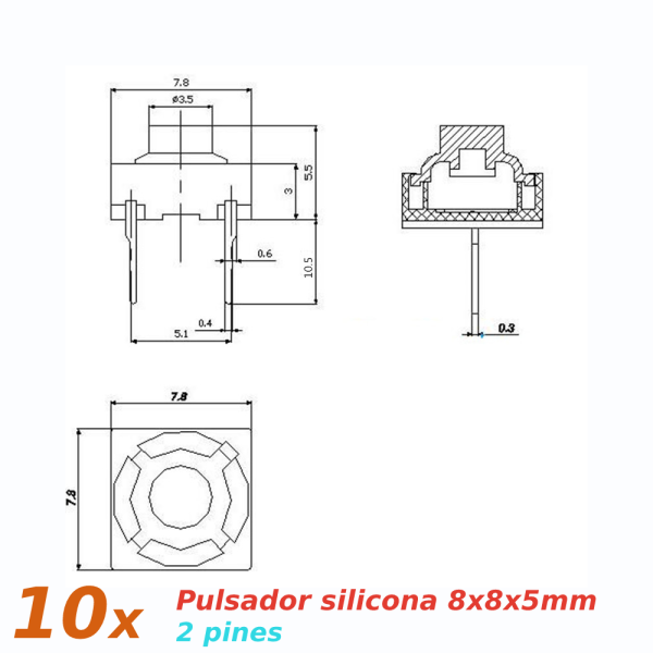 10x Pulsador silicona 8x8x5mm silencioso 2 pines SPST NO - Imagen 3