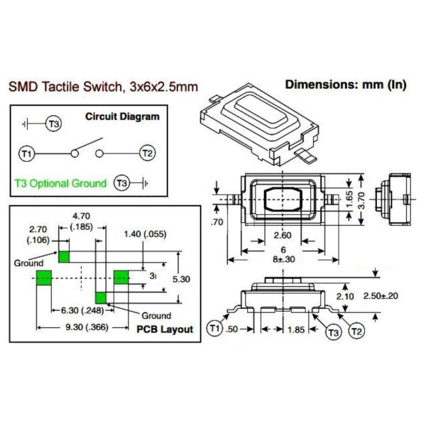 10x Micro Switch Interruptor de boton SMD 3x6x2,5 mm Gris - Imagen 2