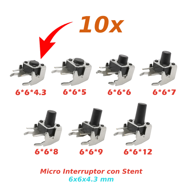 10X PULSADOR TACTIL MICRO INTERRUPTOR ANGULO RECTO CON STENT SOPORTE 6X6X4.3MM