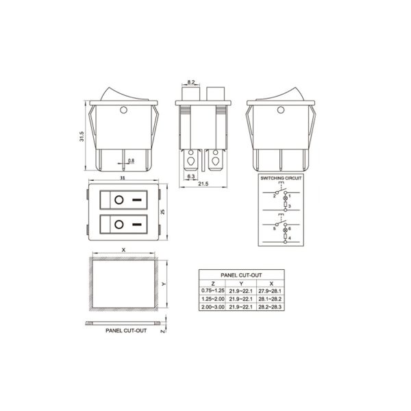 INTERRUPTOR BASCULANTE DOBLE SPDT 6 PINES Y 2 POSICIONES ON-OFF CON LED KCD8 - Imagen 3