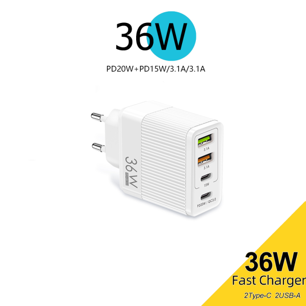 Cargador de telefono movil carga rapida QC3.0, 3.1A, USB C 36 W 5V4A 2PD + 2USB