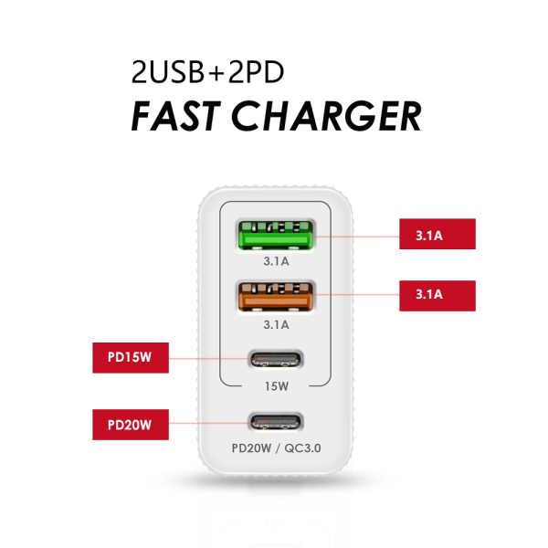 Cargador de telefono movil carga rapida QC3.0, 3.1A, USB C 36 W 5V4A 2PD + 2USB - Imagen 2