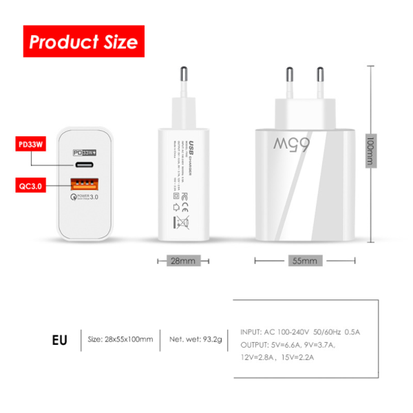 Cargador GaN carga rapida 65 W  Puerto dual PD / Carga rápida 3.0 QC3.0 - Imagen 2