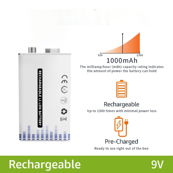 1x Pila Batería de litio recargable por USB Tipo C 9v 6F22 1000 mAh - Imagen 4