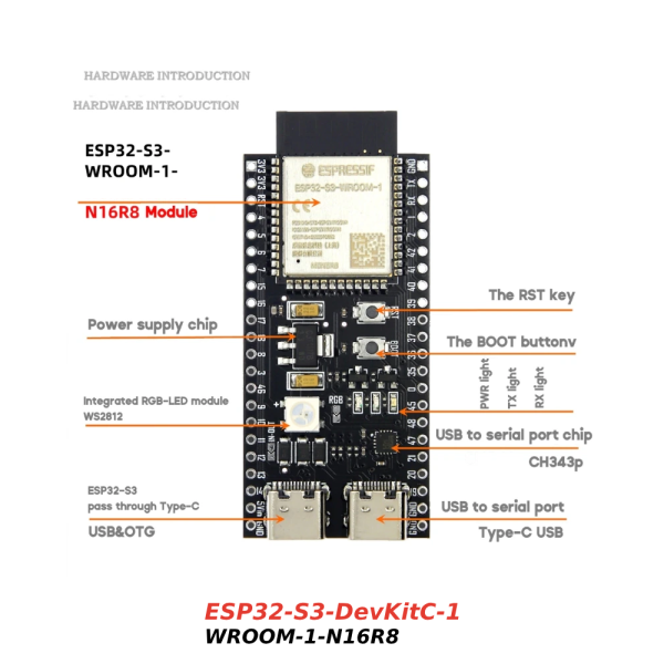 Placa de desarrollo ESP32-S3-DevKitC-1 WROOM-1-N16R8 RGB WiFi + BLE5.0 - Imagen 3