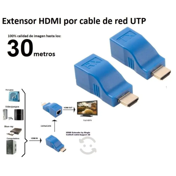 Extensor transmisor HDMI RX TX 1080P HD hasta 30 Metros Cable Red UTP/Cat 6 RJ45 - Imagen 2