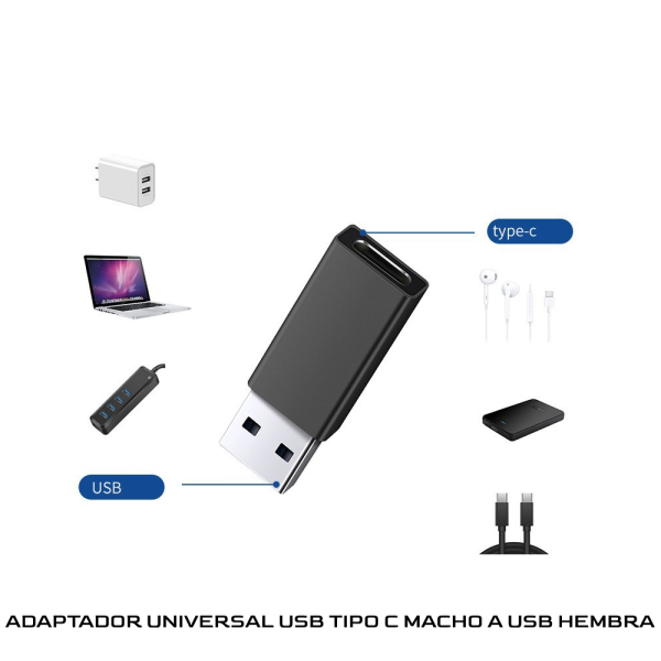 Adaptador Universal USB 3.0 Macho a Tipo C Hembra Funcion On The Go OTG Negro