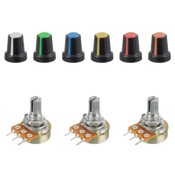 3x Potenciómetro Lineal B1M 1 Mohm 15 mm + 6 Perillas de Colores