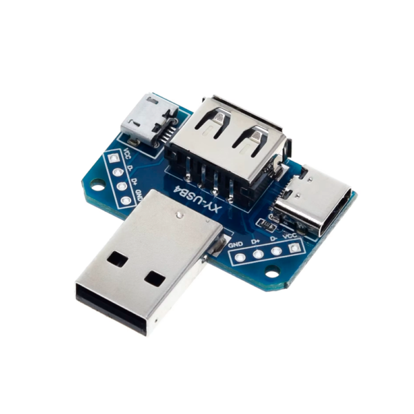 Placa Adaptadora USB-A Macho a USB-A, Micro-USB y USB-C Hembra con Pines 2.54 mm
