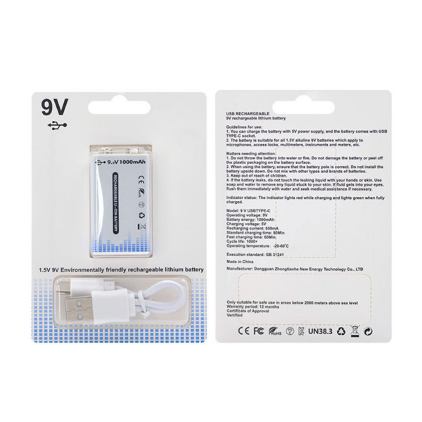Pila Batería de litio Recargable 9V 6F22 Li-Ion 1000 mWh con USB-C
