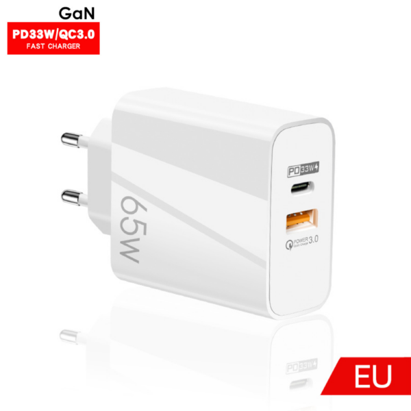 Cargador Rápido GaN 65W con USB-C PD y USB-A QC 3.0
