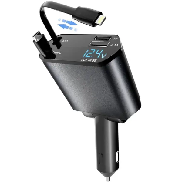 Cargador mechero Coche Carga rapida 4 en 1 con Cable Retráctil USB-C y Lightning 100W
